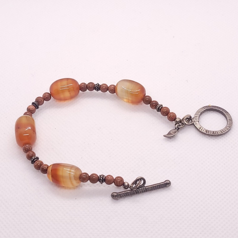 Orange Banded Bead Bracelet Brown Glitter Beads Silver Tone Toggle Artisan